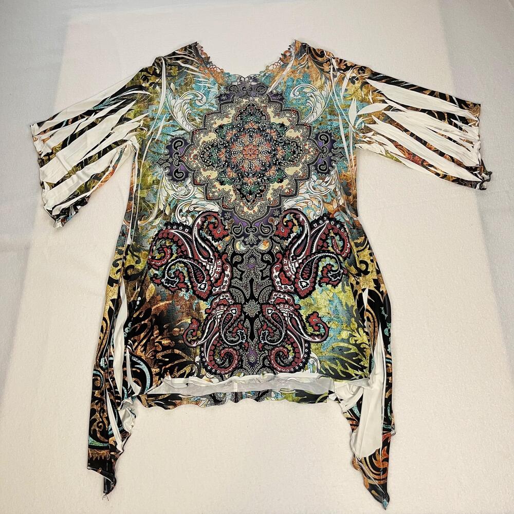 Vintage Y2K Reina Top Womens M Boho Paisley Asymmetrical Tunic Slit Sleeve Fairy